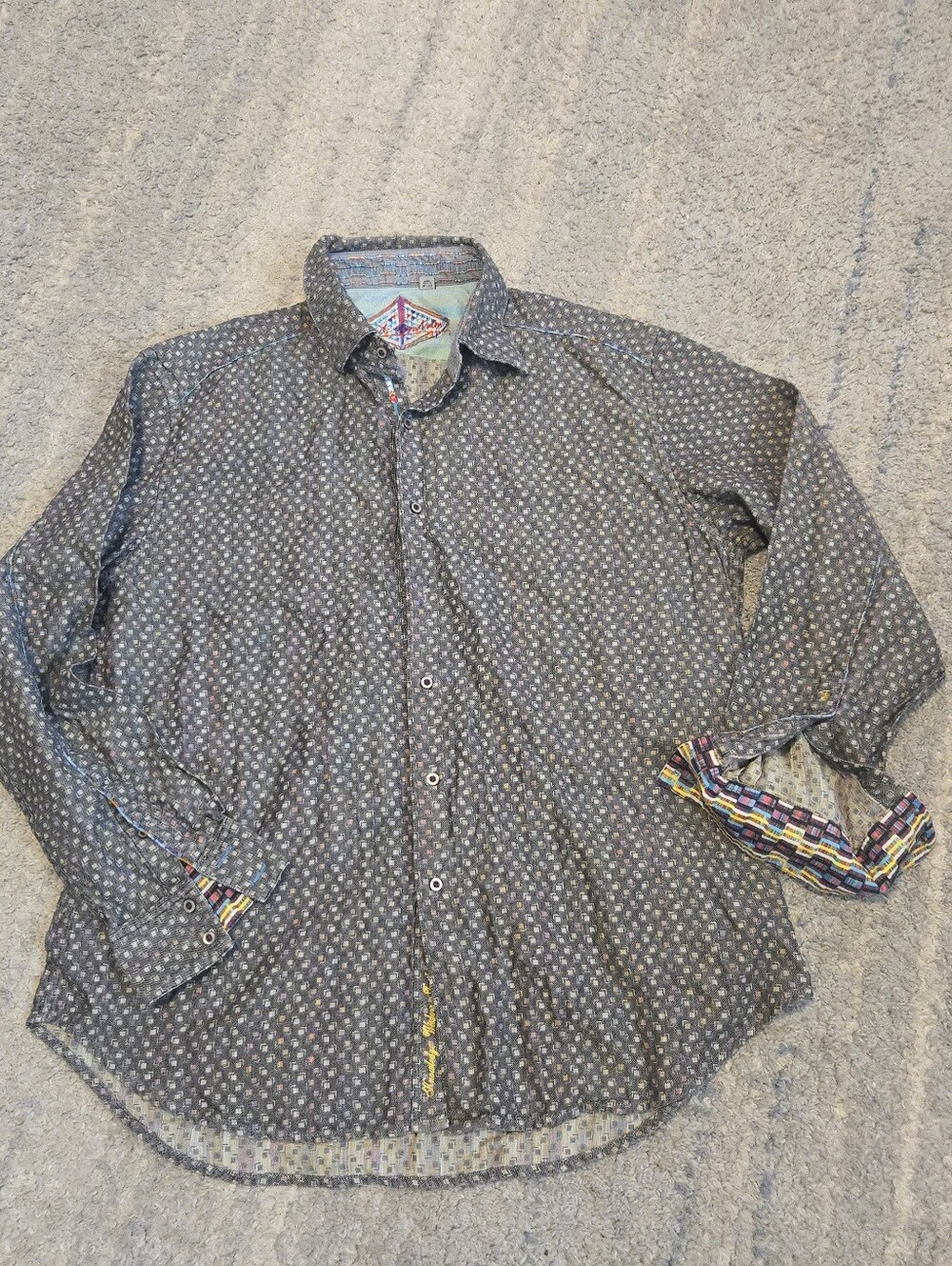 Robert Graham Shirt Mens XL Gray Geometric Long Sleeve Silk Trim Contrast Cuffs